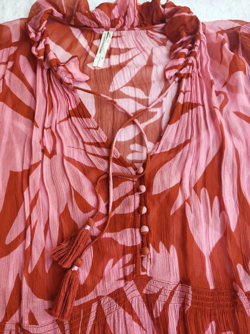Anthropologie Marais Printed Chiffon Maxi Dress XL Pink Orange Boho Tiered Flow - Picture 11 of 15